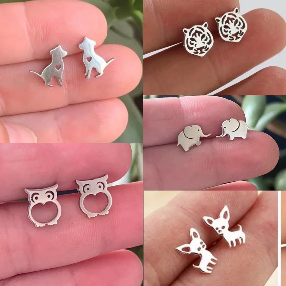 Brand new assorted Stainless Steel animal cut out earring studs tiger, d…